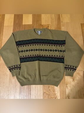 Vintage Sutter & Grant Sweater Mens XL Tan Geometric Crewneck Knit 90s Acrylic